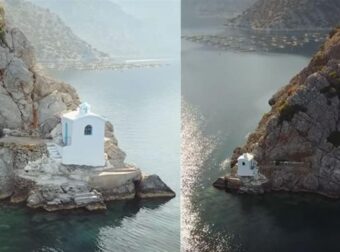 Το ελληνικό εκκλησάκι δίπλα στο κύμα που είναι φτιαγμένο από κρασί και χώμα